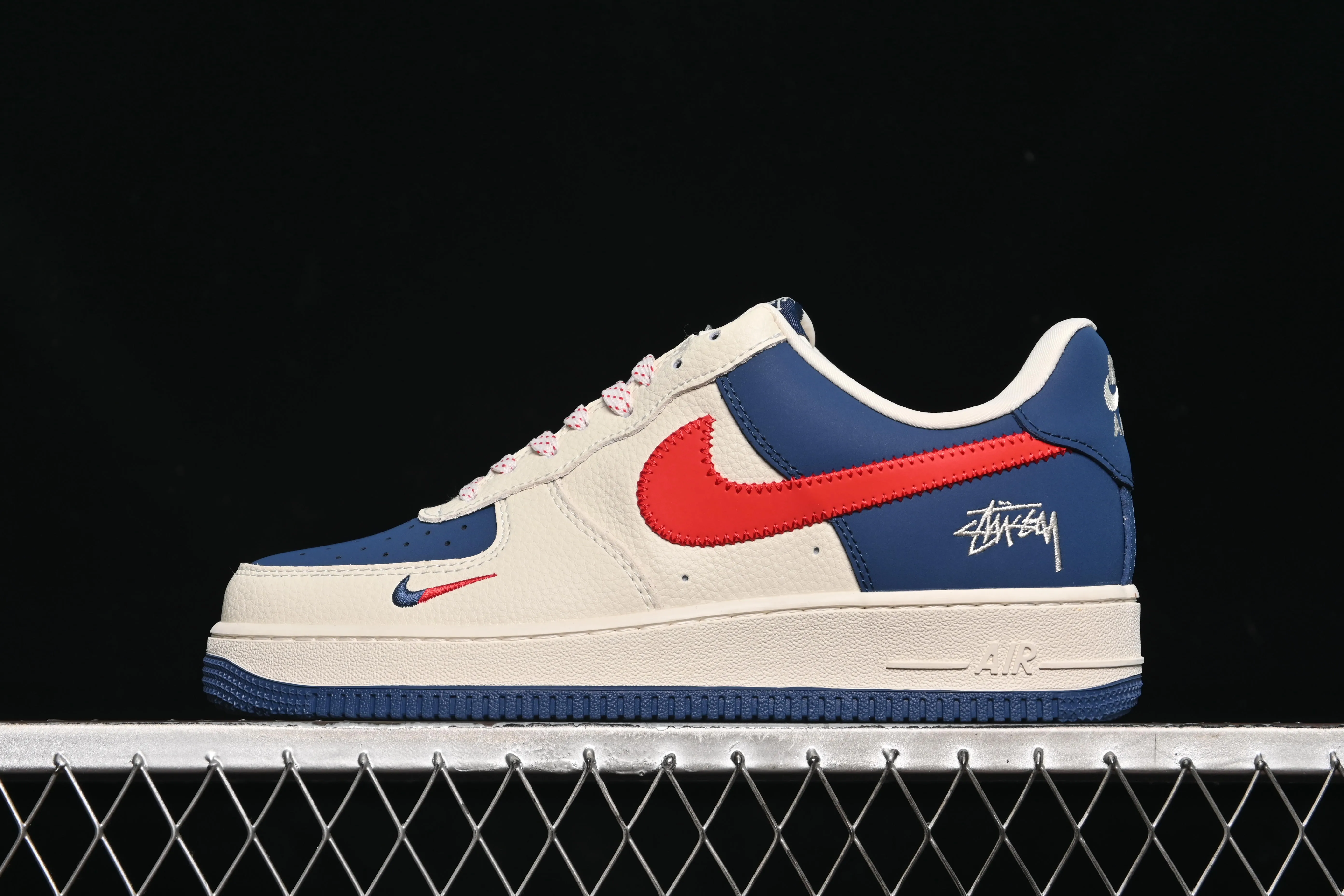 All categories Nk Air Force 1 Air Force series Nk Air Force 1 Low Air Force low top Nike Air Force 1'07 Low Stusi co-branded beige blue and red knitted hook Air Force 1 customized casual sneakers KJ1688-008